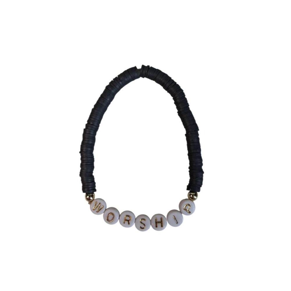 Charcoal Gray Flat Rubber Beads and White Worship Beads Stretch Fashion Bracelet